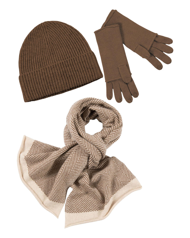 Kaschmir-M&#252;tze, hoch, Handschuh + Schal mit Fischgr&#228;t-Muster - Mink Online Kaufen G&#252;nstig
